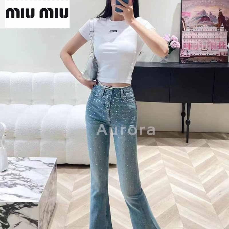 💕Aurora 美國代購💕 MiuMiu 新款 腰部燙鑽微喇叭牛仔褲 修身 舒適 復古 百搭顯瘦-細節圖8