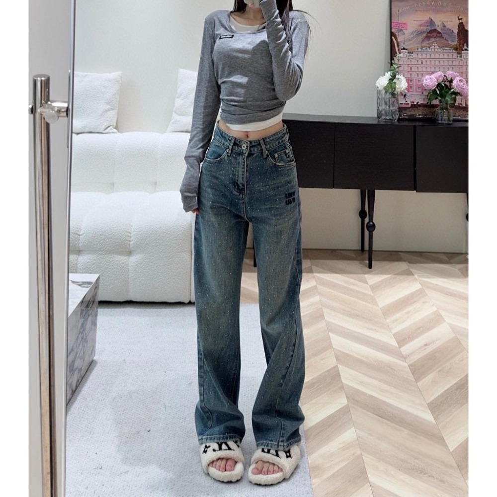Aurora 購物分享💕 MiuMiu 新款高腰燙滿鑽牛仔褲 深藍色 純棉 彈力 舒適 牛仔長褲-細節圖2