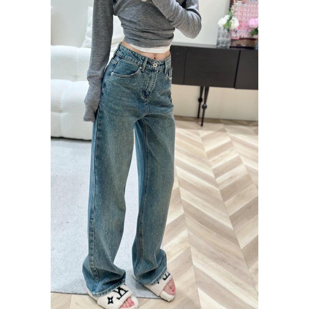 Aurora 購物分享💕 MiuMiu 新款高腰燙滿鑽牛仔褲 深藍色 純棉 彈力 舒適 牛仔長褲-細節圖4