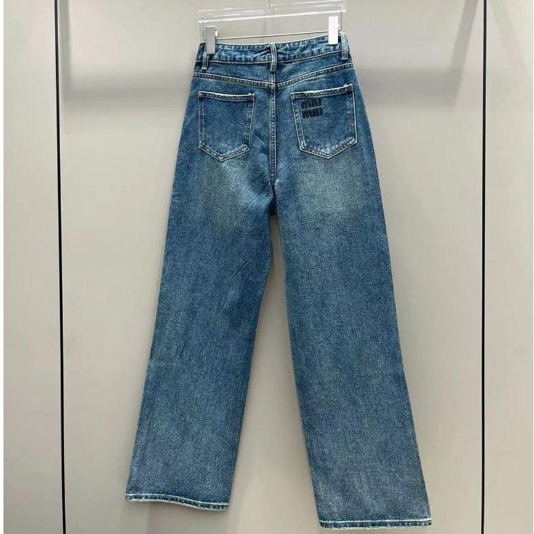 Aurora 購物分享💕 MiuMiu 新款高腰燙滿鑽牛仔褲 深藍色 純棉 彈力 舒適 牛仔長褲-細節圖6