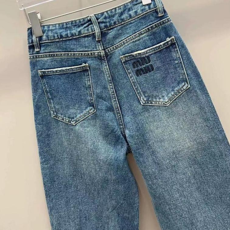 Aurora 購物分享💕 MiuMiu 新款高腰燙滿鑽牛仔褲 深藍色 純棉 彈力 舒適 牛仔長褲-細節圖7