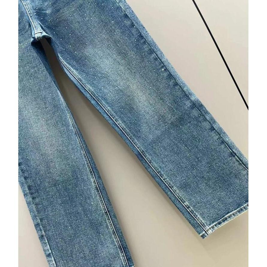 Aurora 購物分享💕 MiuMiu 新款高腰燙滿鑽牛仔褲 深藍色 純棉 彈力 舒適 牛仔長褲-細節圖8