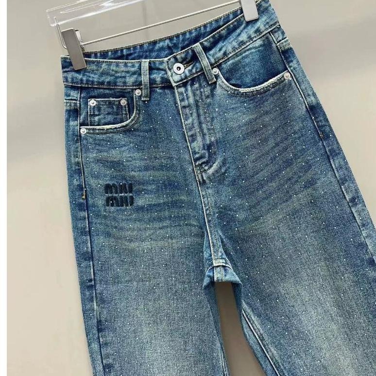 Aurora 購物分享💕 MiuMiu 新款高腰燙滿鑽牛仔褲 深藍色 純棉 彈力 舒適 牛仔長褲-細節圖9