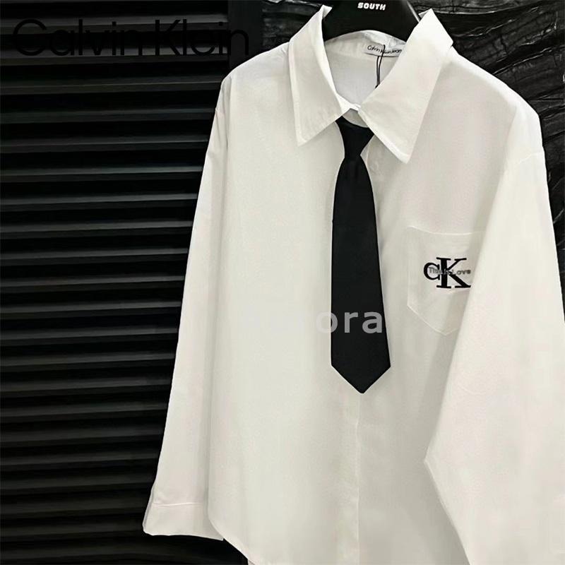 💕Aurora 美國代購💕 Calvin Klein 御姐風經典刺繡襯衣+領帶 白色襯衣 寬鬆 休閒 百搭 襯衣-細節圖2