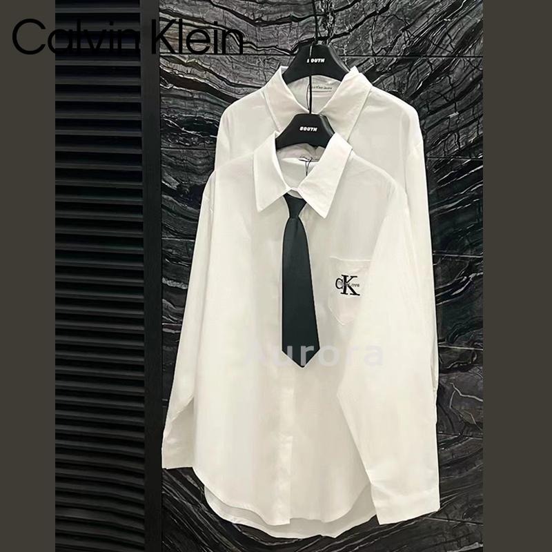 💕Aurora 美國代購💕 Calvin Klein 御姐風經典刺繡襯衣+領帶 白色襯衣 寬鬆 休閒 百搭 襯衣-細節圖3