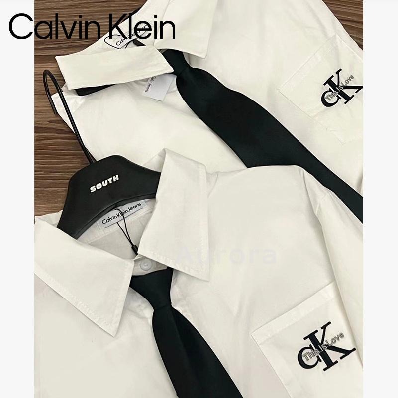 💕Aurora 美國代購💕 Calvin Klein 御姐風經典刺繡襯衣+領帶 白色襯衣 寬鬆 休閒 百搭 襯衣-細節圖4