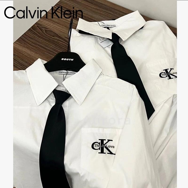 💕Aurora 美國代購💕 Calvin Klein 御姐風經典刺繡襯衣+領帶 白色襯衣 寬鬆 休閒 百搭 襯衣-細節圖5