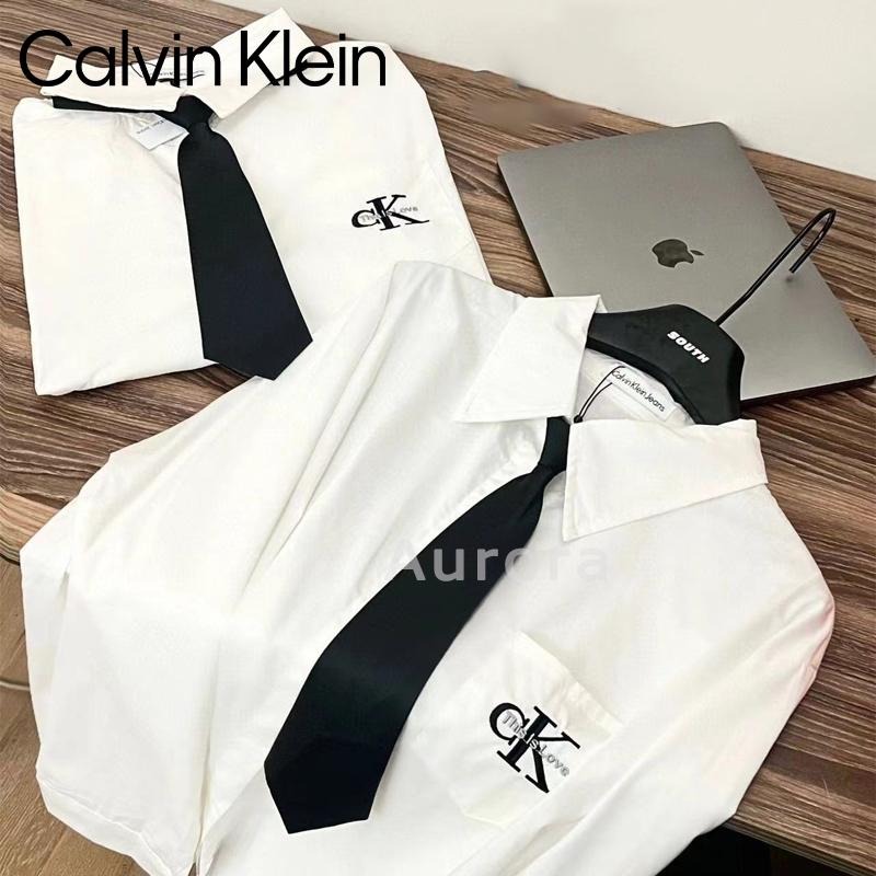 💕Aurora 美國代購💕 Calvin Klein 御姐風經典刺繡襯衣+領帶 白色襯衣 寬鬆 休閒 百搭 襯衣-細節圖6