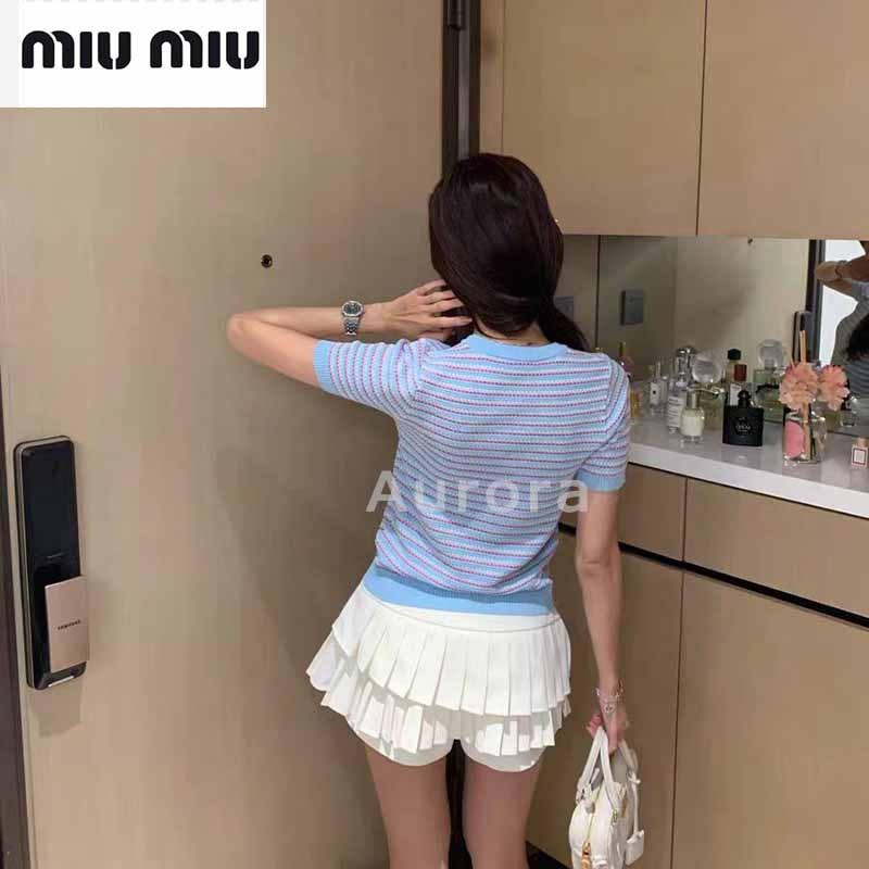 💕Aurora 美國代購💕 MIU MIU 繆繆 時尚 百搭 撞色 條紋 針織 上衣 修身 短袖 T恤女-細節圖7