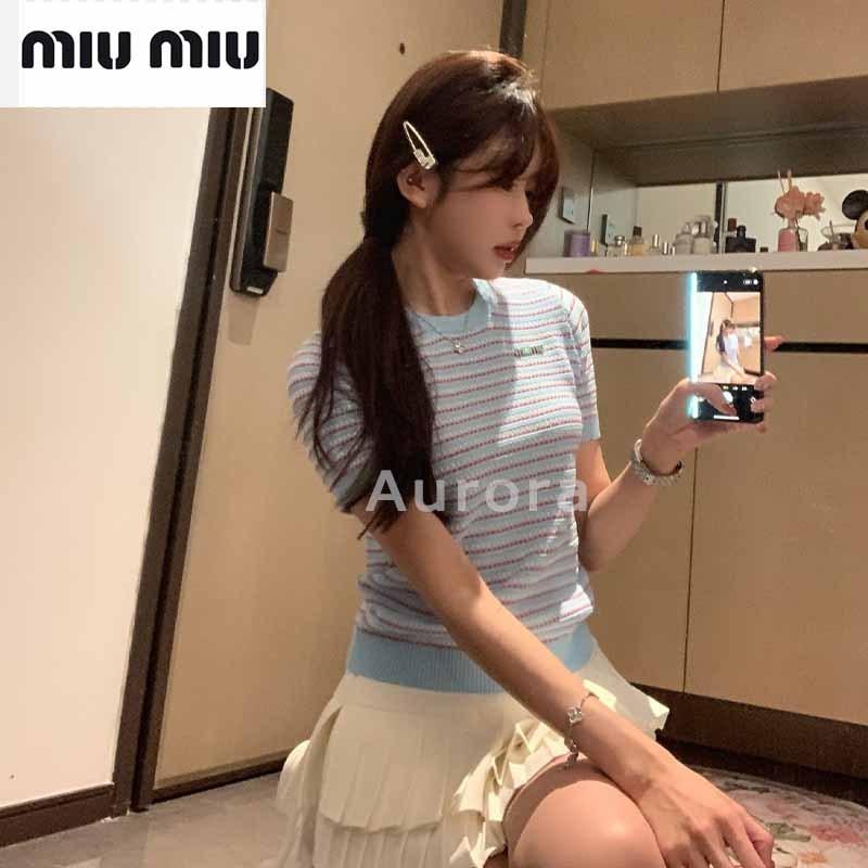 💕Aurora 美國代購💕 MIU MIU 繆繆 時尚 百搭 撞色 條紋 針織 上衣 修身 短袖 T恤女-細節圖9