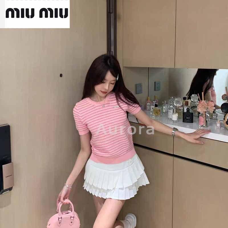 💕Aurora 美國代購💕 MIU MIU 繆繆 時尚 百搭 撞色 條紋 針織 上衣 修身 短袖 T恤女-細節圖10