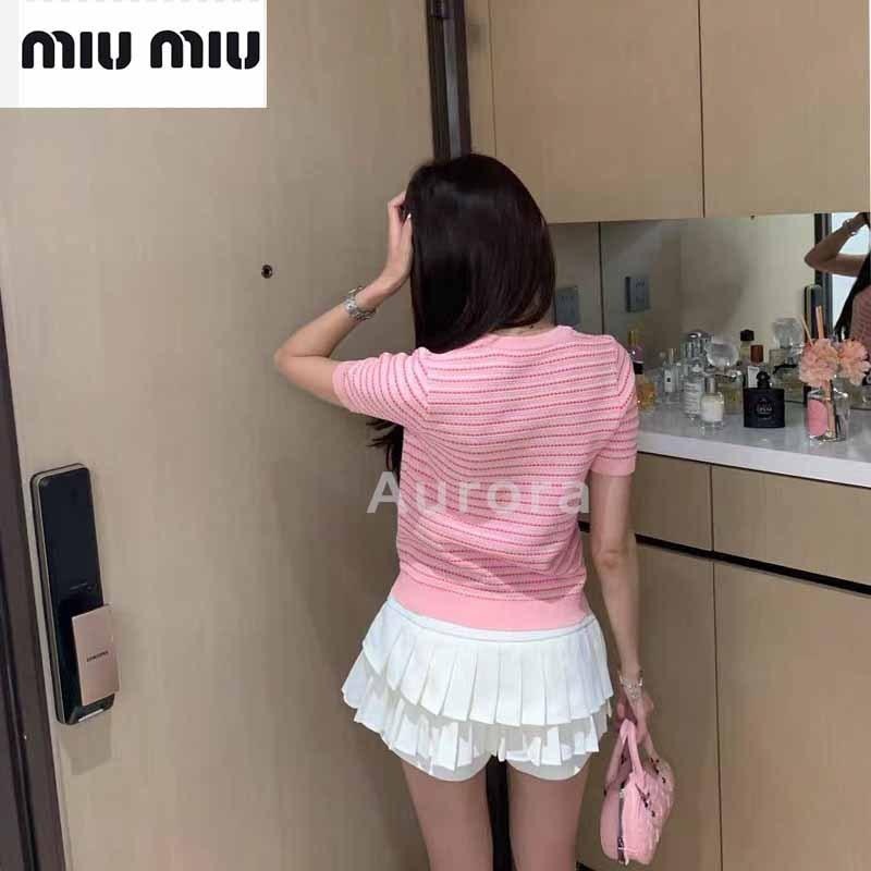 💕Aurora 美國代購💕 MIU MIU 繆繆 時尚 百搭 撞色 條紋 針織 上衣 修身 短袖 T恤女-細節圖11