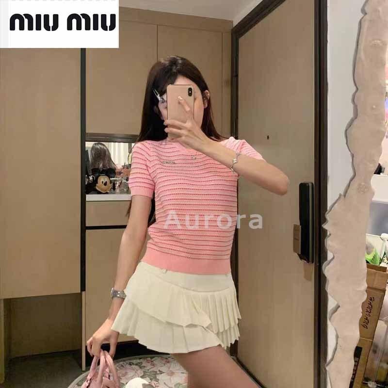 💕Aurora 美國代購💕 MIU MIU 繆繆 時尚 百搭 撞色 條紋 針織 上衣 修身 短袖 T恤女-細節圖12