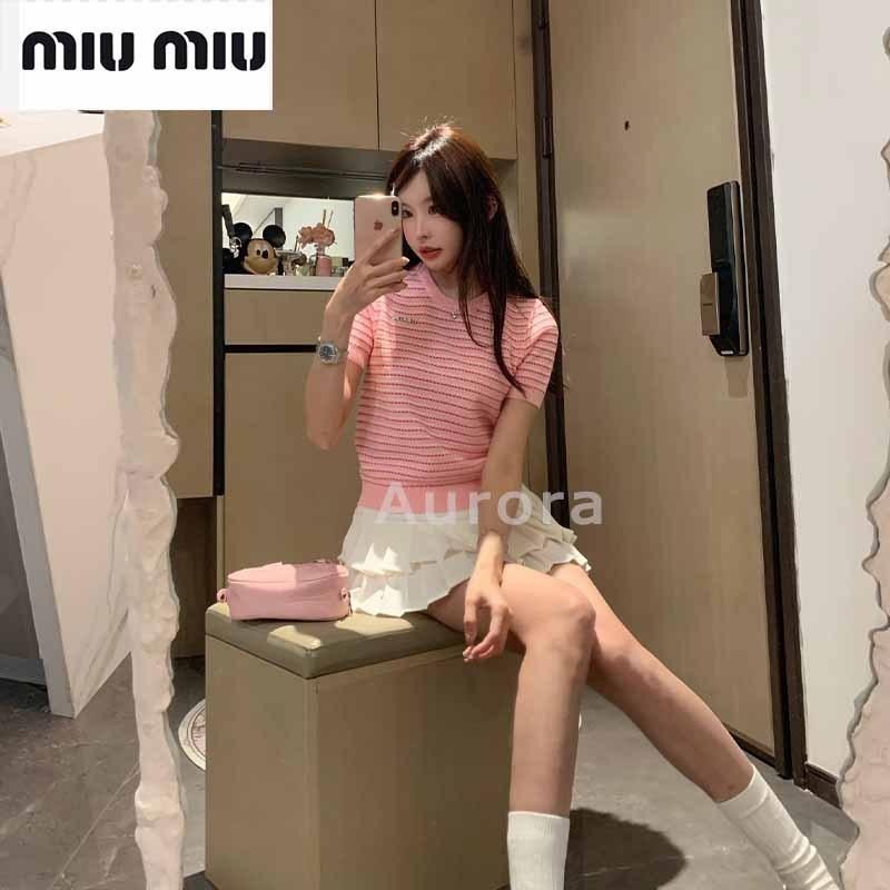 💕Aurora 美國代購💕 MIU MIU 繆繆 時尚 百搭 撞色 條紋 針織 上衣 修身 短袖 T恤女-細節圖13