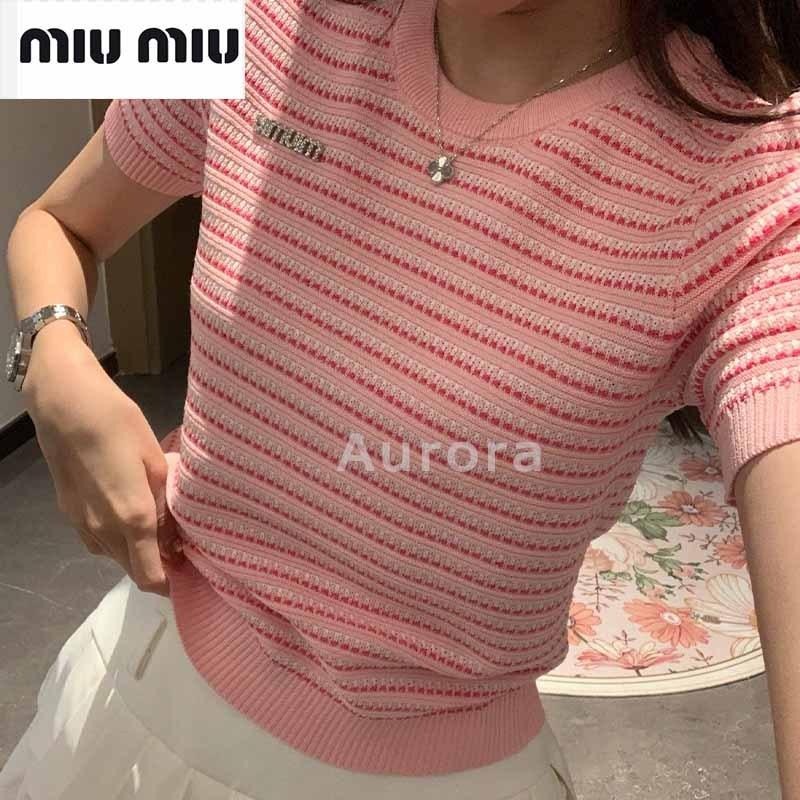 💕Aurora 美國代購💕 MIU MIU 繆繆 時尚 百搭 撞色 條紋 針織 上衣 修身 短袖 T恤女-細節圖14