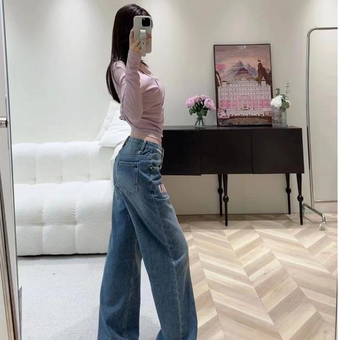 Aurora 購物分享💕 MiuMiu 水洗藍毛巾絨刺繡字母牛仔褲 內刷毛直筒牛仔長褲 女生 保暖 高腰顯瘦-細節圖7