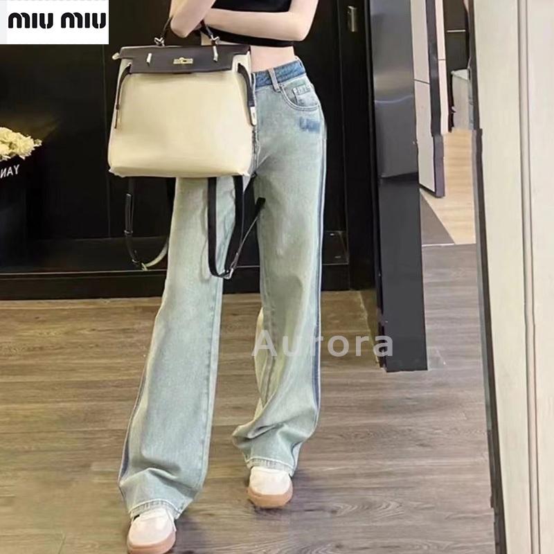 💕Aurora 美國代購💕 MiuMiu 復古 印花 字母 撞色 洗水 牛仔褲 高腰 直筒 闊腿褲-細節圖3