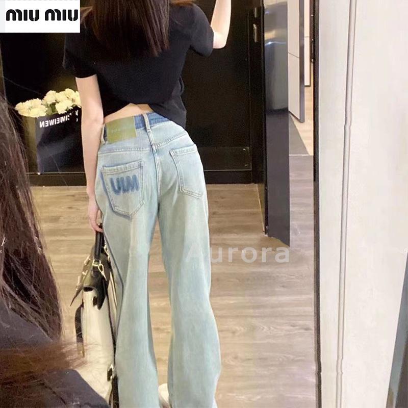 💕Aurora 美國代購💕 MiuMiu 復古 印花 字母 撞色 洗水 牛仔褲 高腰 直筒 闊腿褲-細節圖5