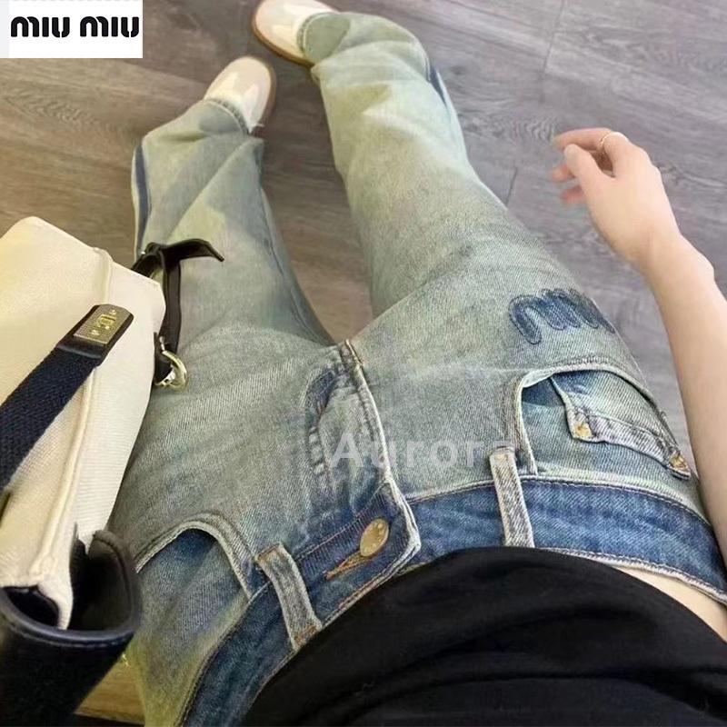 💕Aurora 美國代購💕 MiuMiu 復古 印花 字母 撞色 洗水 牛仔褲 高腰 直筒 闊腿褲-細節圖7