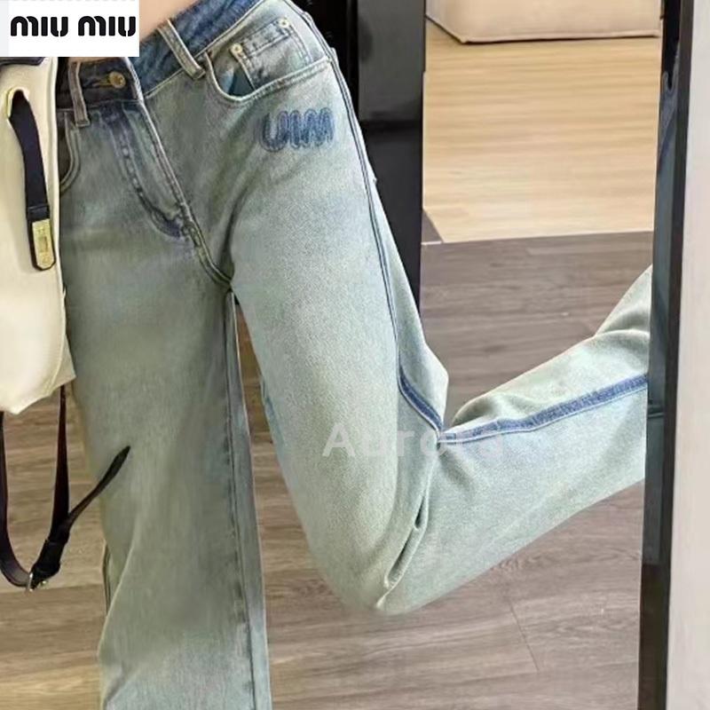 💕Aurora 美國代購💕 MiuMiu 復古 印花 字母 撞色 洗水 牛仔褲 高腰 直筒 闊腿褲-細節圖8