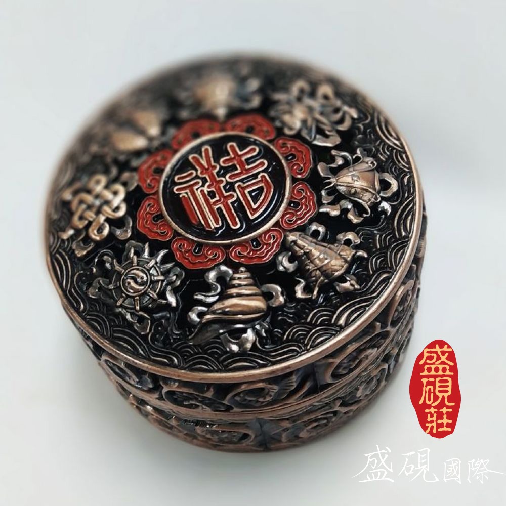 盛硯莊佛教文物 -藏傳大八吉祥銅製圓香爐(藏傳文物-細節圖2