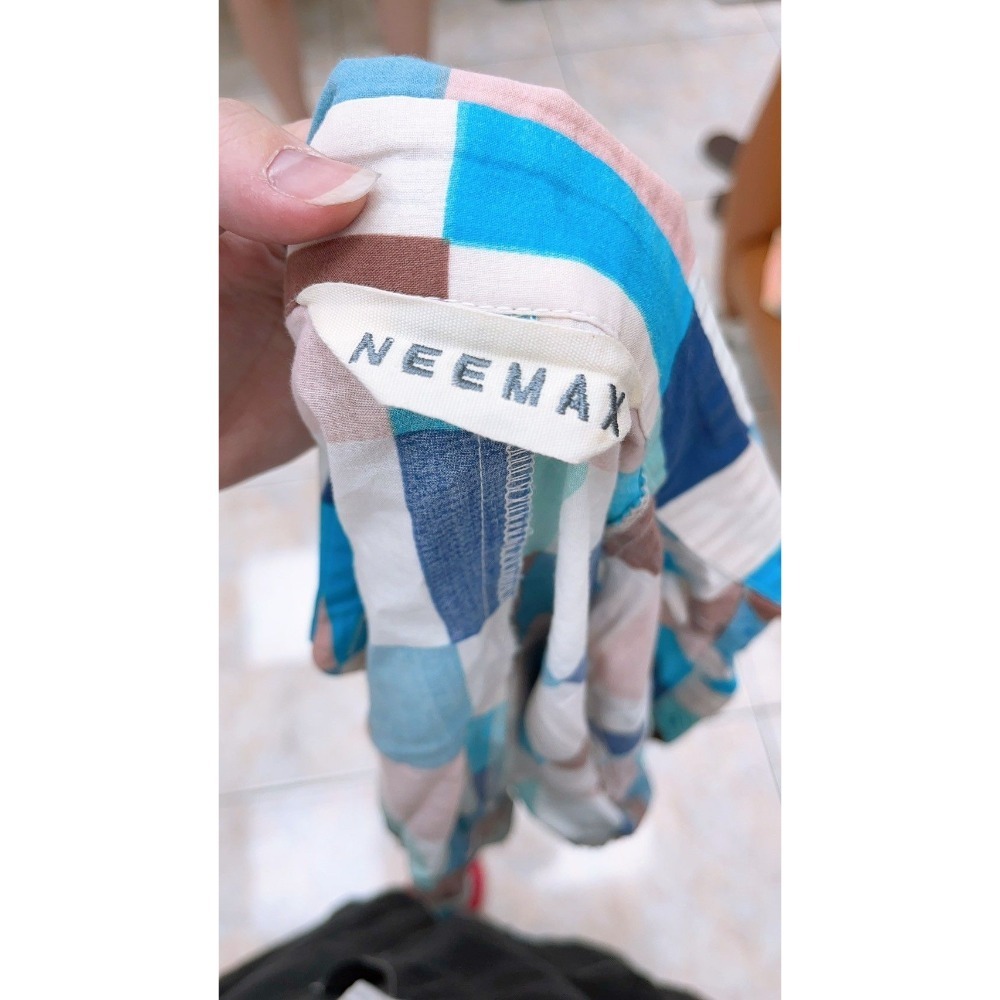 【二手】NEEMAX綁帶短版藍白格子五分袖襯衫-A-細節圖3