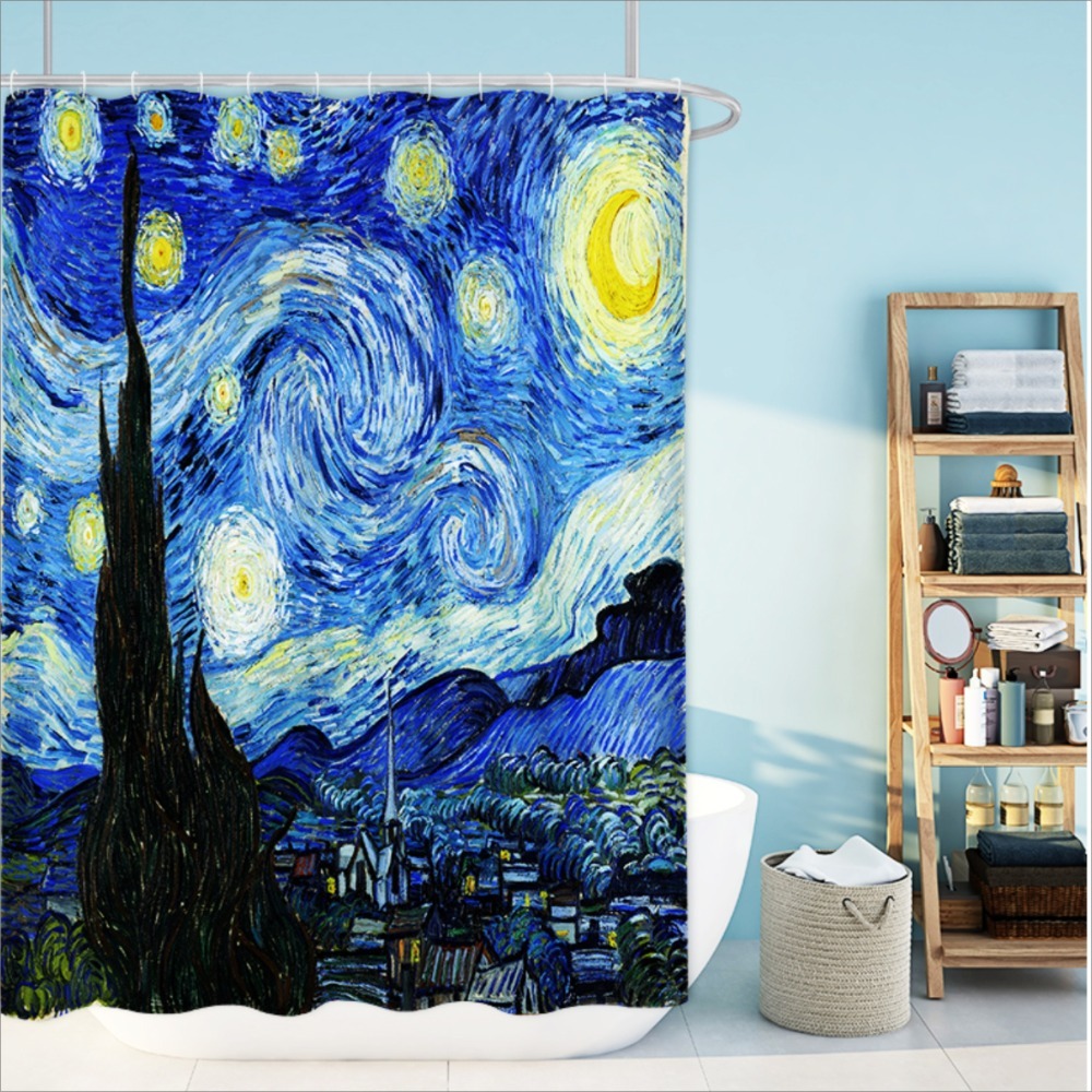 浴簾 梵谷星空浴簾,向日葵浴簾,鳶尾花浴簾 高180X寬180CM 高級滌溣防水布 隔間用簾 加鉛加重【BA173】-規格圖6