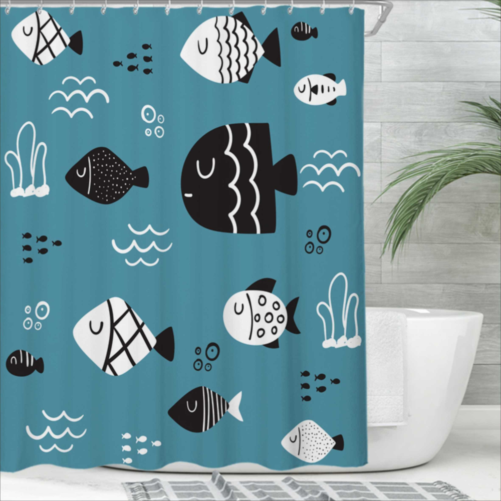 浴簾 黑白魚浴簾 180X180CM  高級滌溣防水布 隔間用簾 底部加鉛加重【BA353】-細節圖4