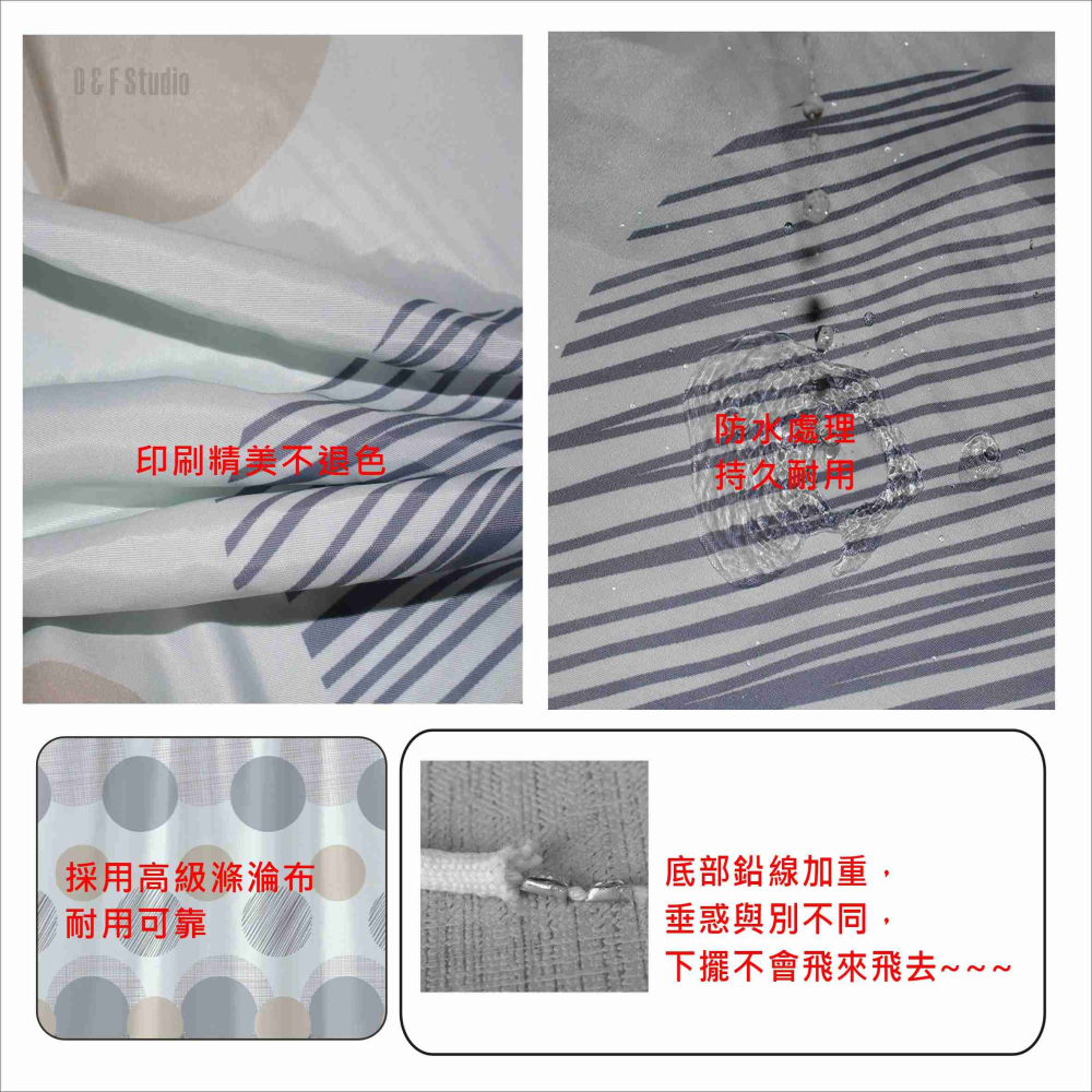 浴簾 圓形印花浴簾 180X180CM 隔間用簾 底部加鉛加重 附12個加粗掛勾BA372-細節圖2