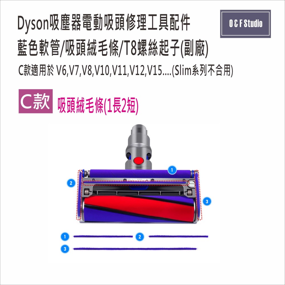 Dyson 戴森吸塵器吸頭修理工具配件(副廠):藍色軟管/吸頭絨毛條/T8螺絲起子【DS039】-細節圖2