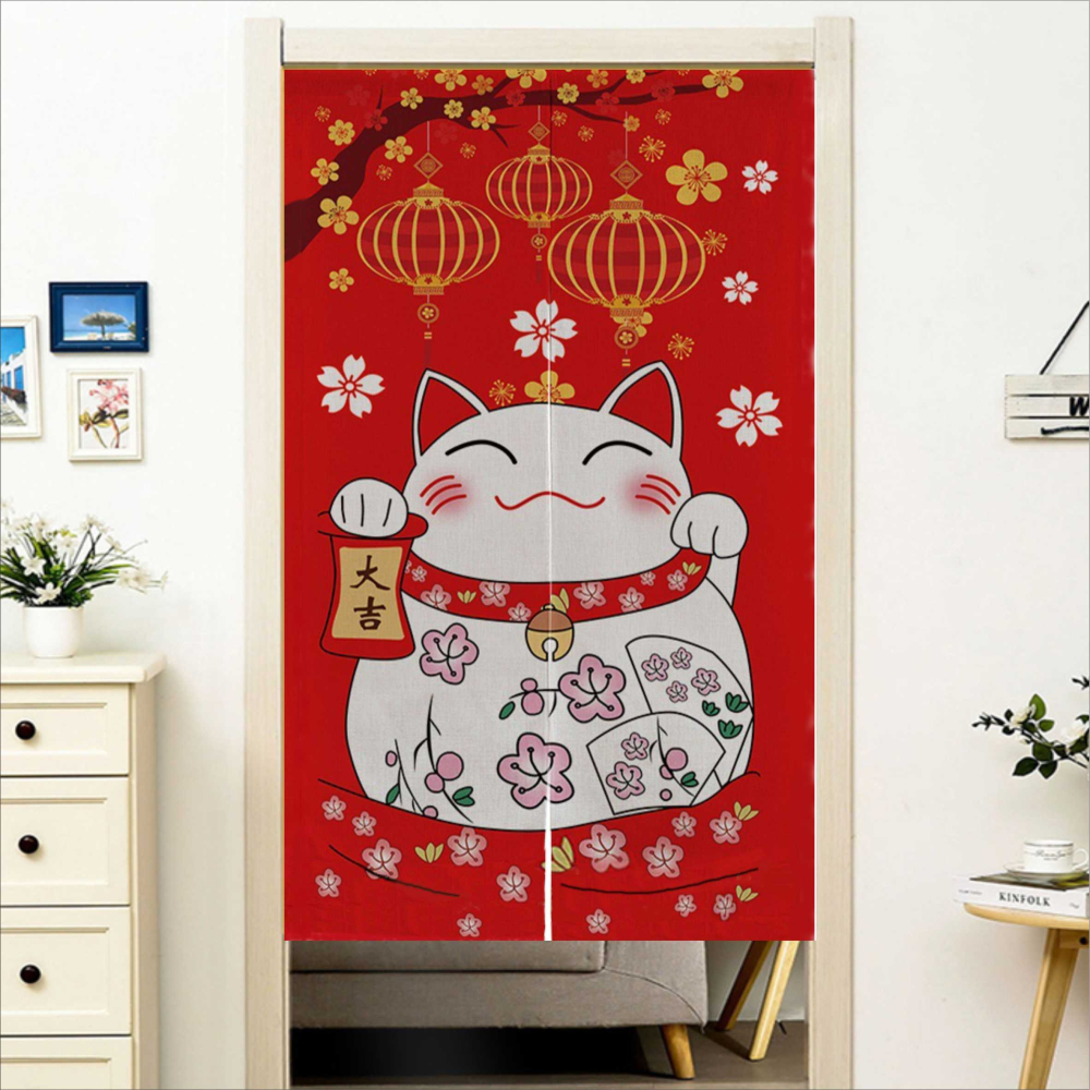 門簾 招財貓門簾(加厚款)混紡 穿桿式門簾 85X120CM 兩片式門簾 風水簾BA301-5-細節圖2