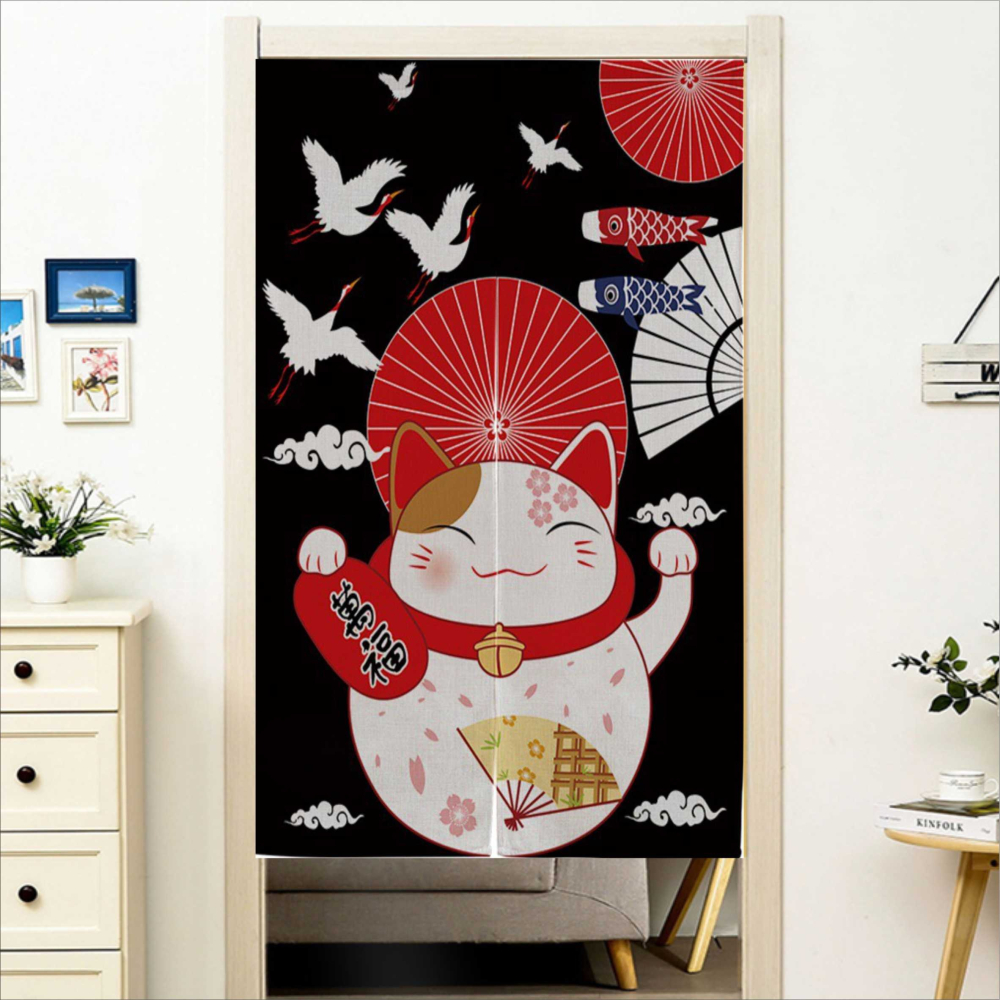 門簾 招財貓門簾(加厚款)混紡 穿桿式門簾 85X120CM 兩片式門簾 風水簾BA301-5-細節圖4