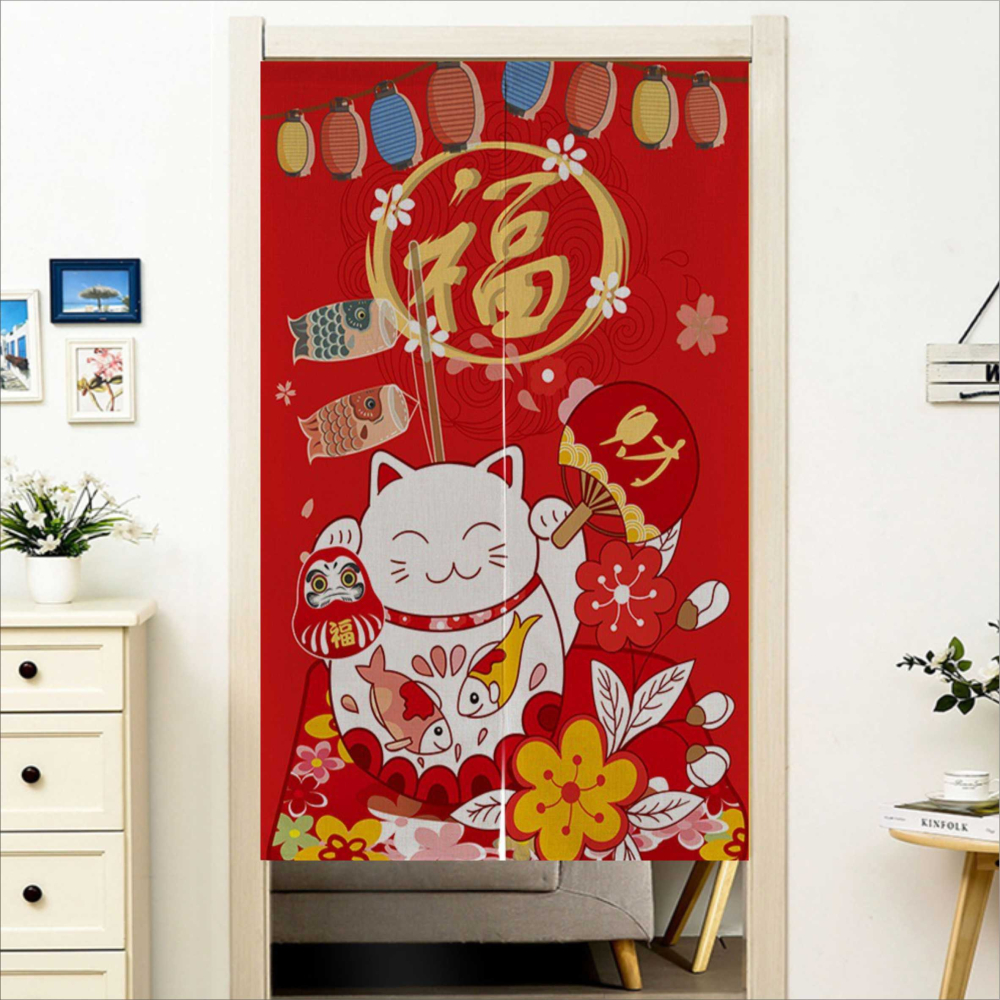 門簾 招財貓門簾(加厚款)混紡 穿桿式門簾 85X120CM 兩片式門簾 風水簾BA301-5-細節圖6