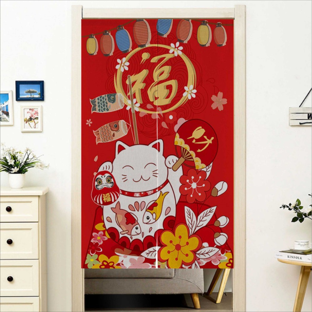 門簾 招財貓門簾(加厚款)混紡 穿桿式門簾 85X120CM 兩片式門簾 風水簾BA301-5-規格圖8