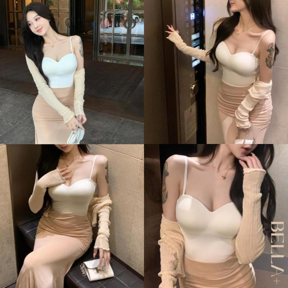 BELLA+台灣現貨🆕四色夏季冰絲長版小可愛背心新款修身美背抹胸裹胸內搭吊帶背心細肩帶打底辣妹外穿-細節圖9