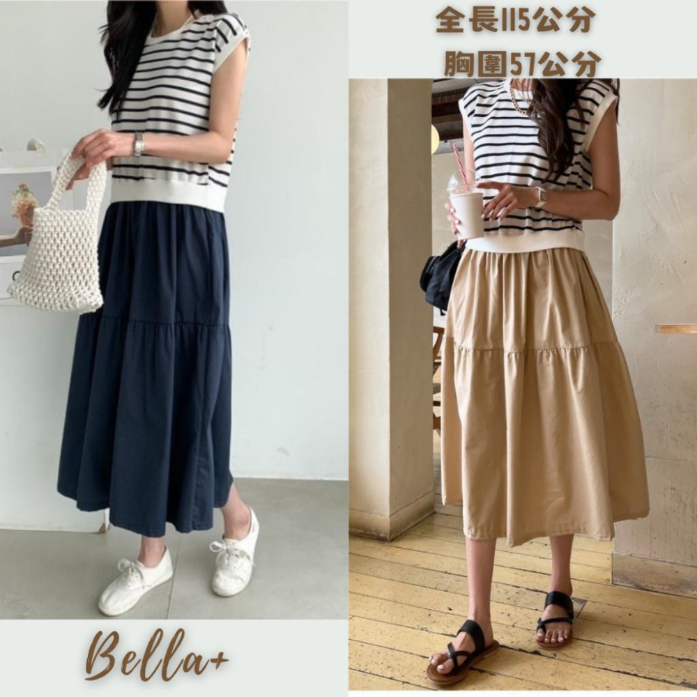 Bella+台灣現貨🆕夏季休閒度假風寬鬆拚色條紋假兩件連衣裙拼接洋裝簡約一件出門-細節圖2