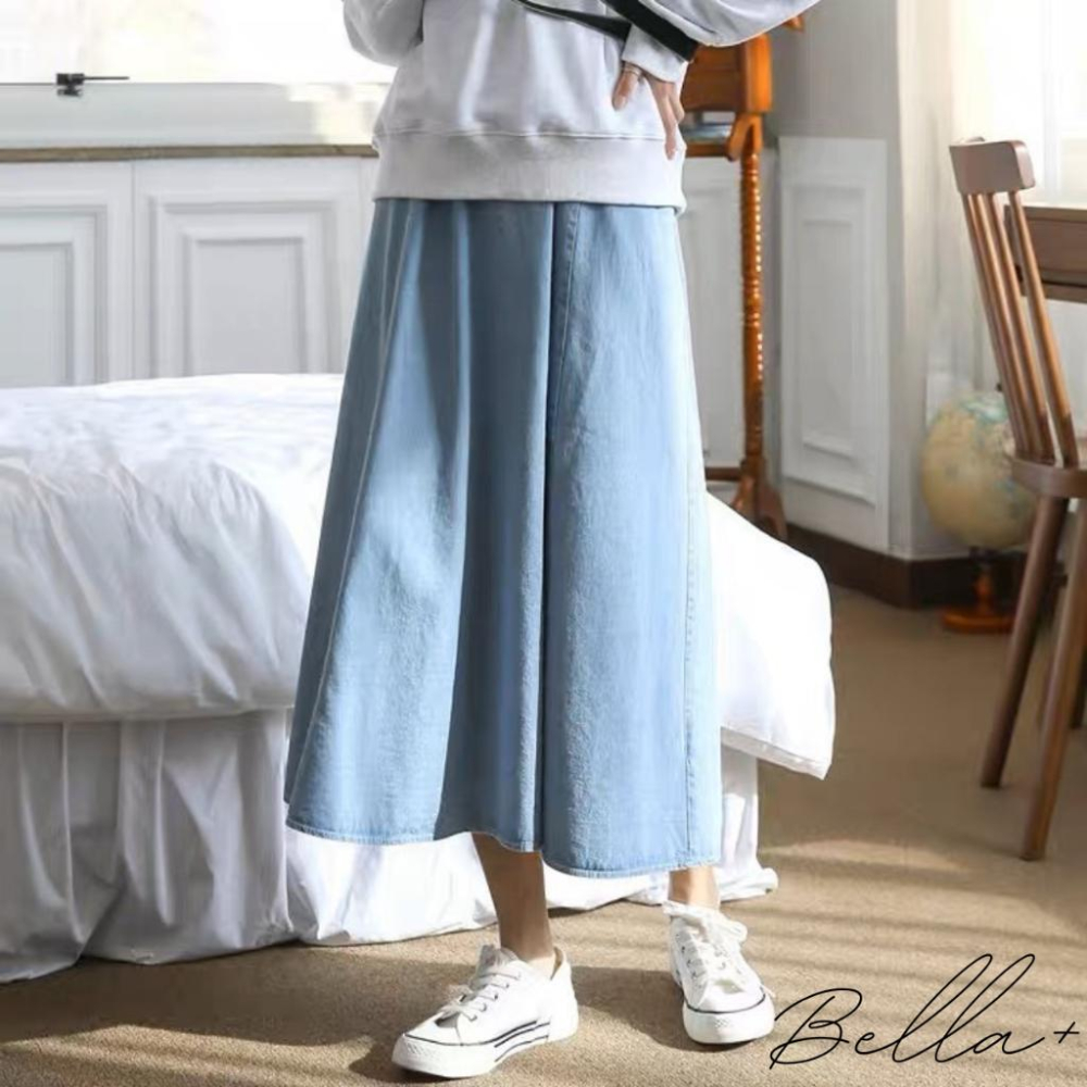 BELLA+台灣現貨秒出🆕大口袋日系牛仔高腰寬鬆半身裙鬆緊腰丹寧長裙休閒百搭新款女A字裙顯瘦復古傘裙垂感大擺裙設計感-細節圖2