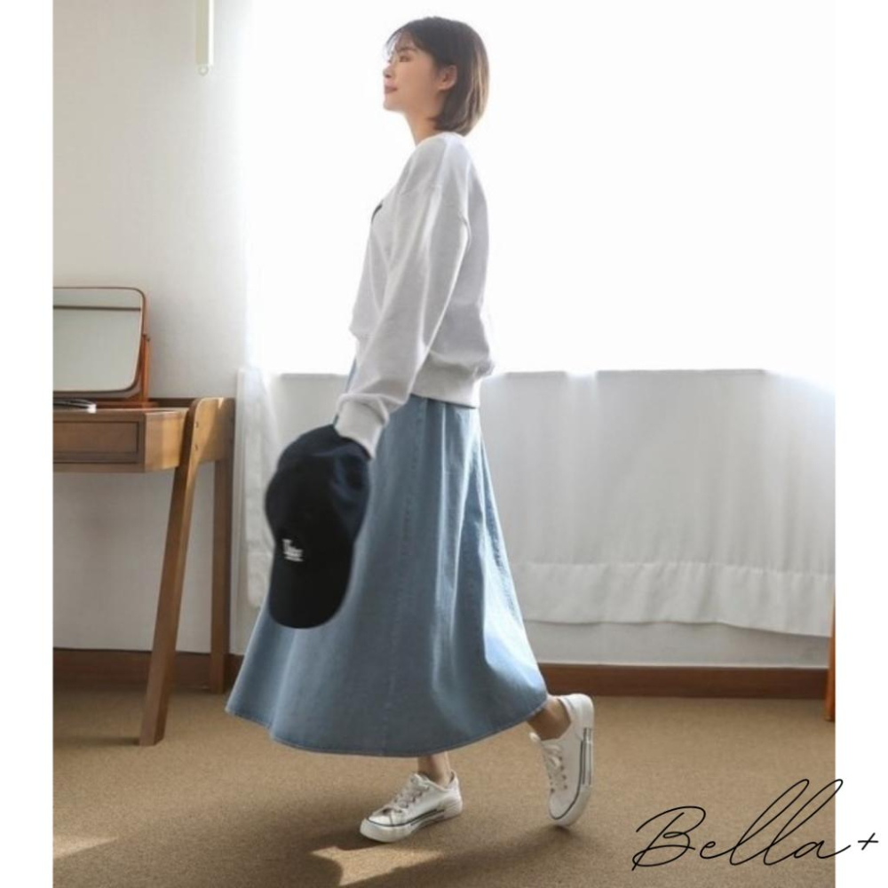 BELLA+台灣現貨秒出🆕大口袋日系牛仔高腰寬鬆半身裙鬆緊腰丹寧長裙休閒百搭新款女A字裙顯瘦復古傘裙垂感大擺裙設計感-細節圖3