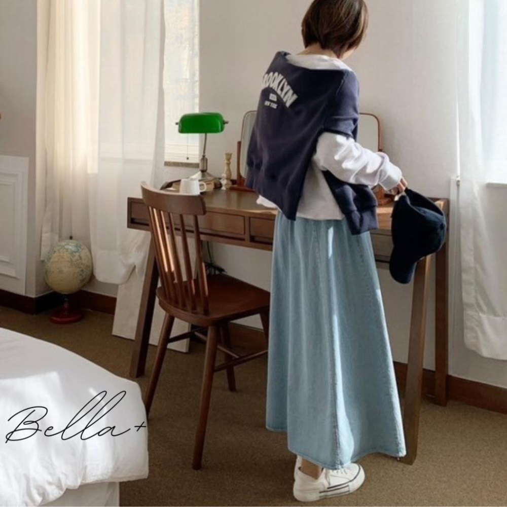 BELLA+台灣現貨秒出🆕大口袋日系牛仔高腰寬鬆半身裙鬆緊腰丹寧長裙休閒百搭新款女A字裙顯瘦復古傘裙垂感大擺裙設計感-細節圖4