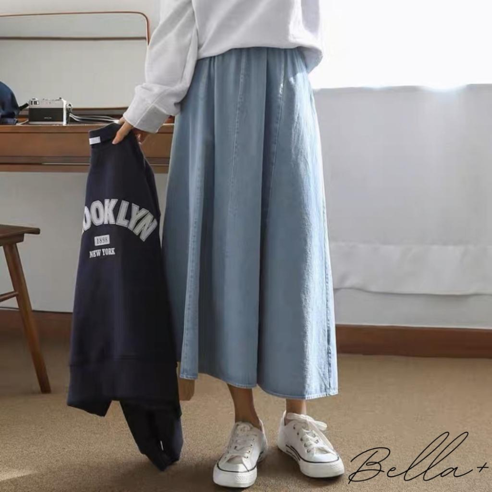 BELLA+台灣現貨秒出🆕大口袋日系牛仔高腰寬鬆半身裙鬆緊腰丹寧長裙休閒百搭新款女A字裙顯瘦復古傘裙垂感大擺裙設計感-細節圖5