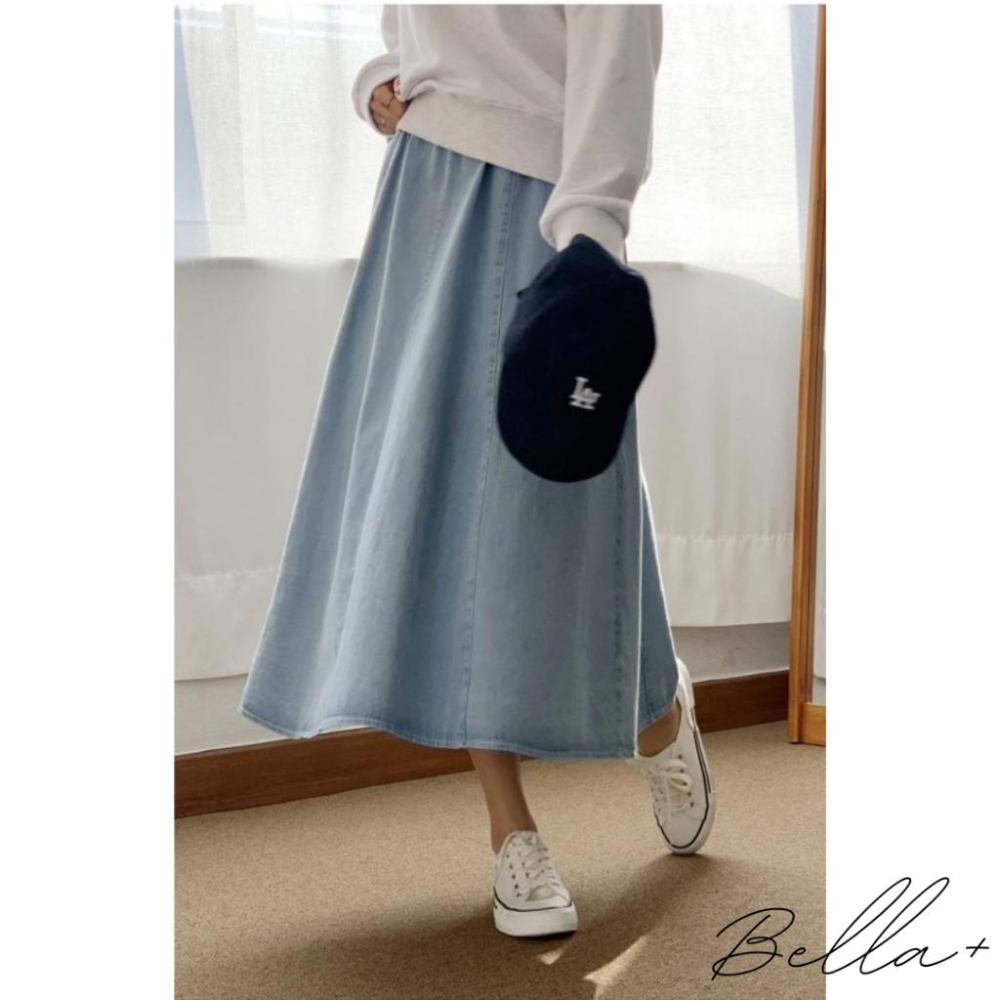 BELLA+台灣現貨秒出🆕大口袋日系牛仔高腰寬鬆半身裙鬆緊腰丹寧長裙休閒百搭新款女A字裙顯瘦復古傘裙垂感大擺裙設計感-細節圖6