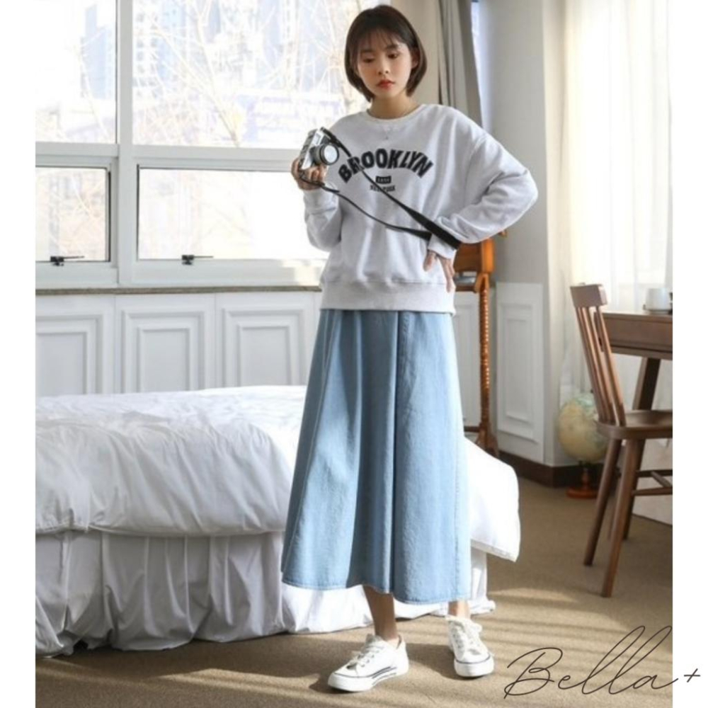 BELLA+台灣現貨秒出🆕大口袋日系牛仔高腰寬鬆半身裙鬆緊腰丹寧長裙休閒百搭新款女A字裙顯瘦復古傘裙垂感大擺裙設計感-細節圖8