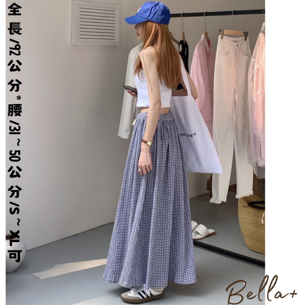 Bella+台灣現貨秒出🆕S~XL皆可穿大碼棉麻涼感透氣復古格子高腰半身裙寬鬆休閒春夏秋長裙A字裙氣質修身顯瘦腿長-細節圖2