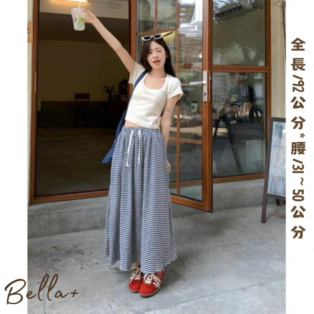 Bella+台灣現貨秒出🆕S~XL皆可穿大碼棉麻涼感透氣復古格子高腰半身裙寬鬆休閒春夏秋長裙A字裙氣質修身顯瘦腿長-細節圖3