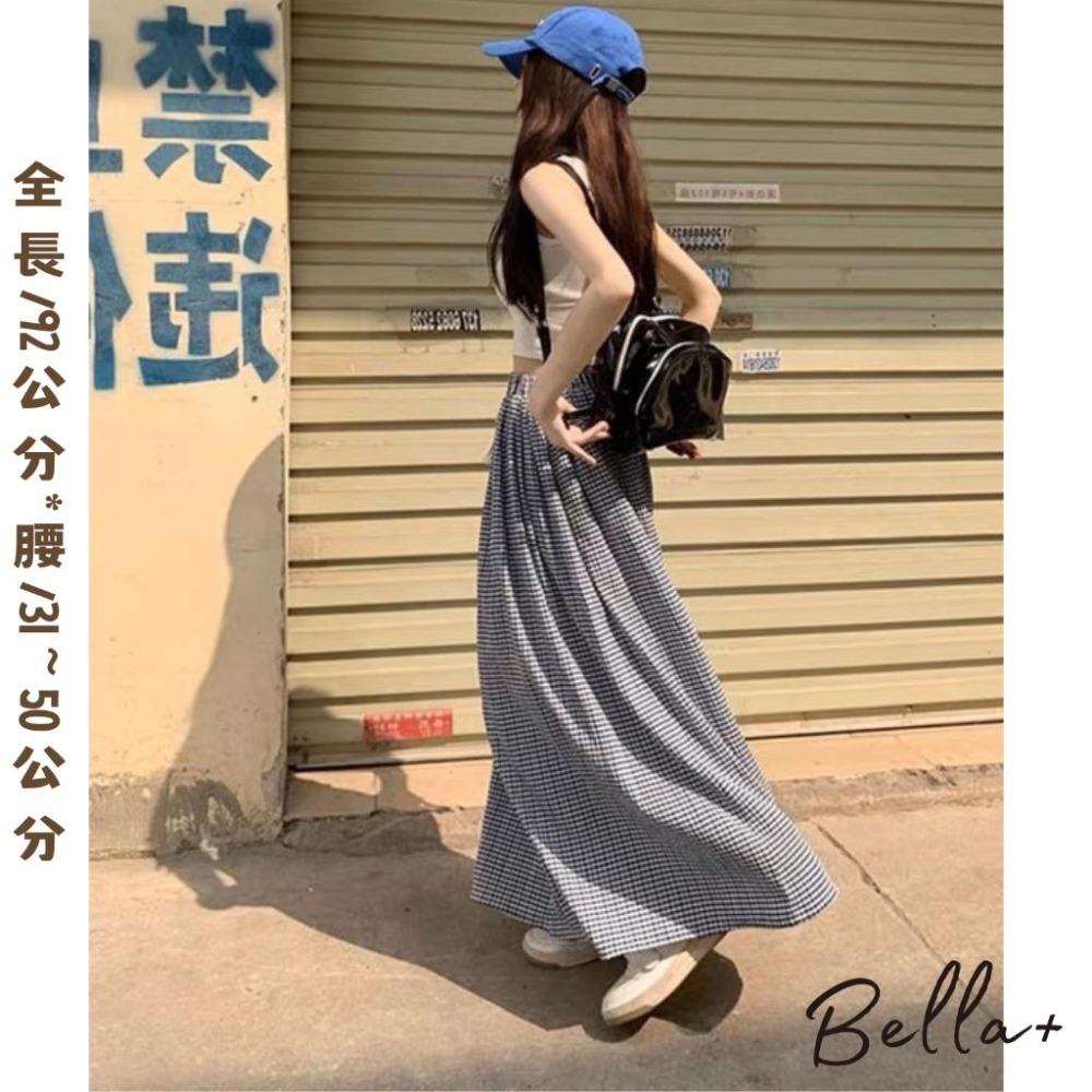 Bella+台灣現貨秒出🆕S~XL皆可穿大碼棉麻涼感透氣復古格子高腰半身裙寬鬆休閒春夏秋長裙A字裙氣質修身顯瘦腿長-細節圖4