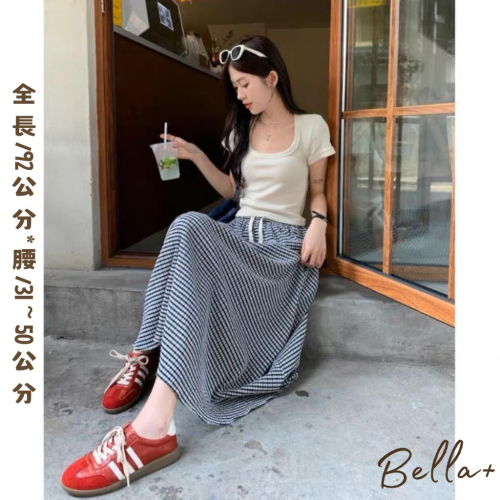 Bella+台灣現貨秒出🆕S~XL皆可穿大碼棉麻涼感透氣復古格子高腰半身裙寬鬆休閒春夏秋長裙A字裙氣質修身顯瘦腿長-細節圖5