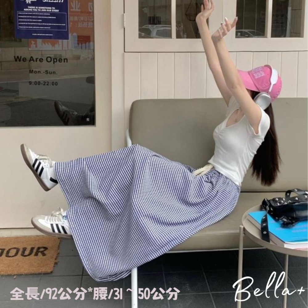 Bella+台灣現貨秒出🆕S~XL皆可穿大碼棉麻涼感透氣復古格子高腰半身裙寬鬆休閒春夏秋長裙A字裙氣質修身顯瘦腿長-細節圖7