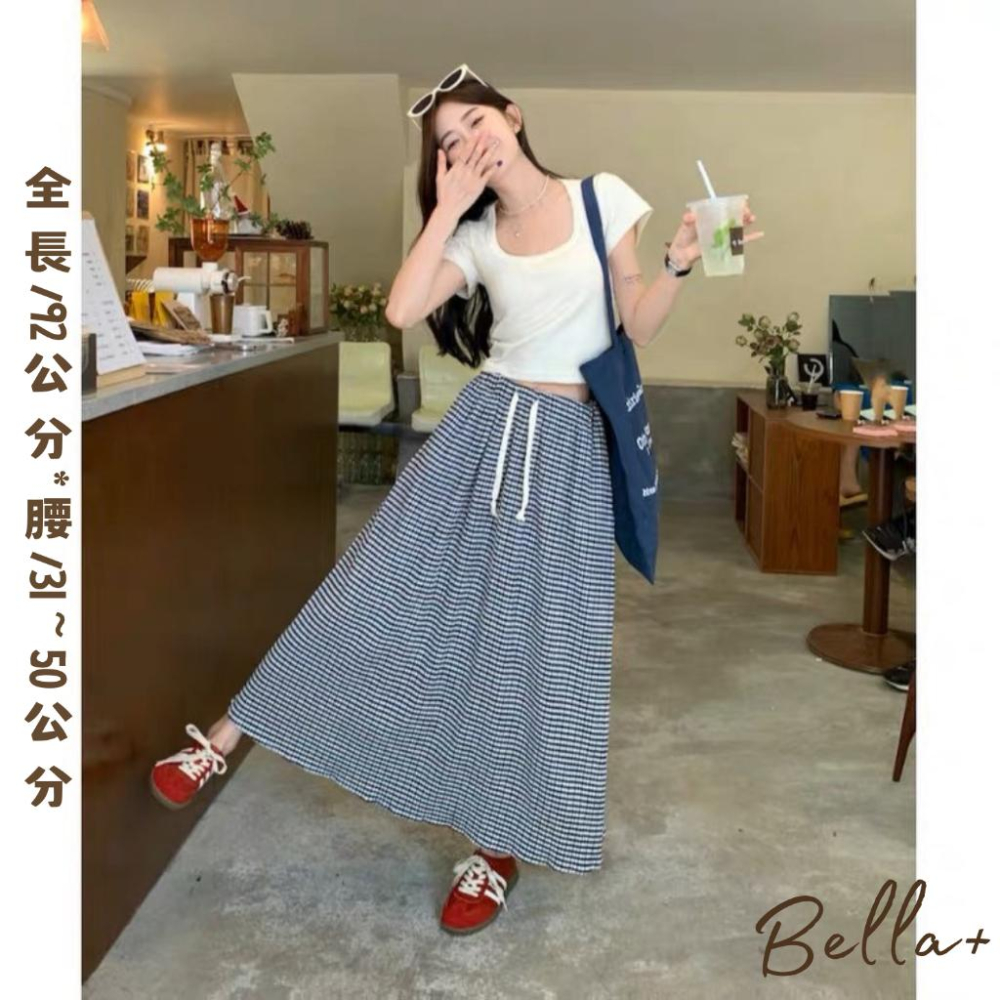 Bella+台灣現貨秒出🆕S~XL皆可穿大碼棉麻涼感透氣復古格子高腰半身裙寬鬆休閒春夏秋長裙A字裙氣質修身顯瘦腿長-細節圖9