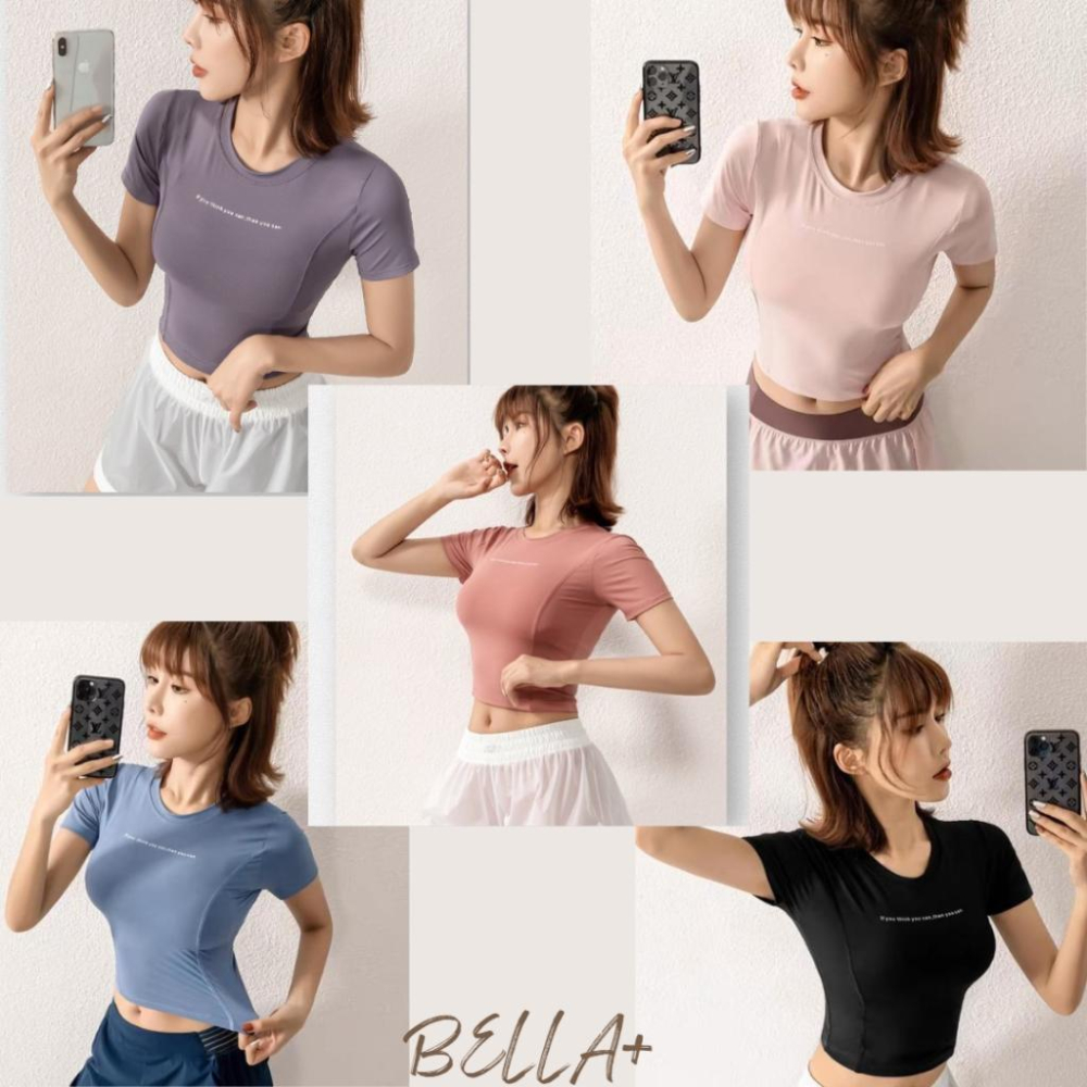 BELLA+台灣現貨秒出🆕五色S~XL中長款超彈力運動速乾露臍瑜珈服女短袖跑步健身顯瘦腰身上衣T-細節圖9