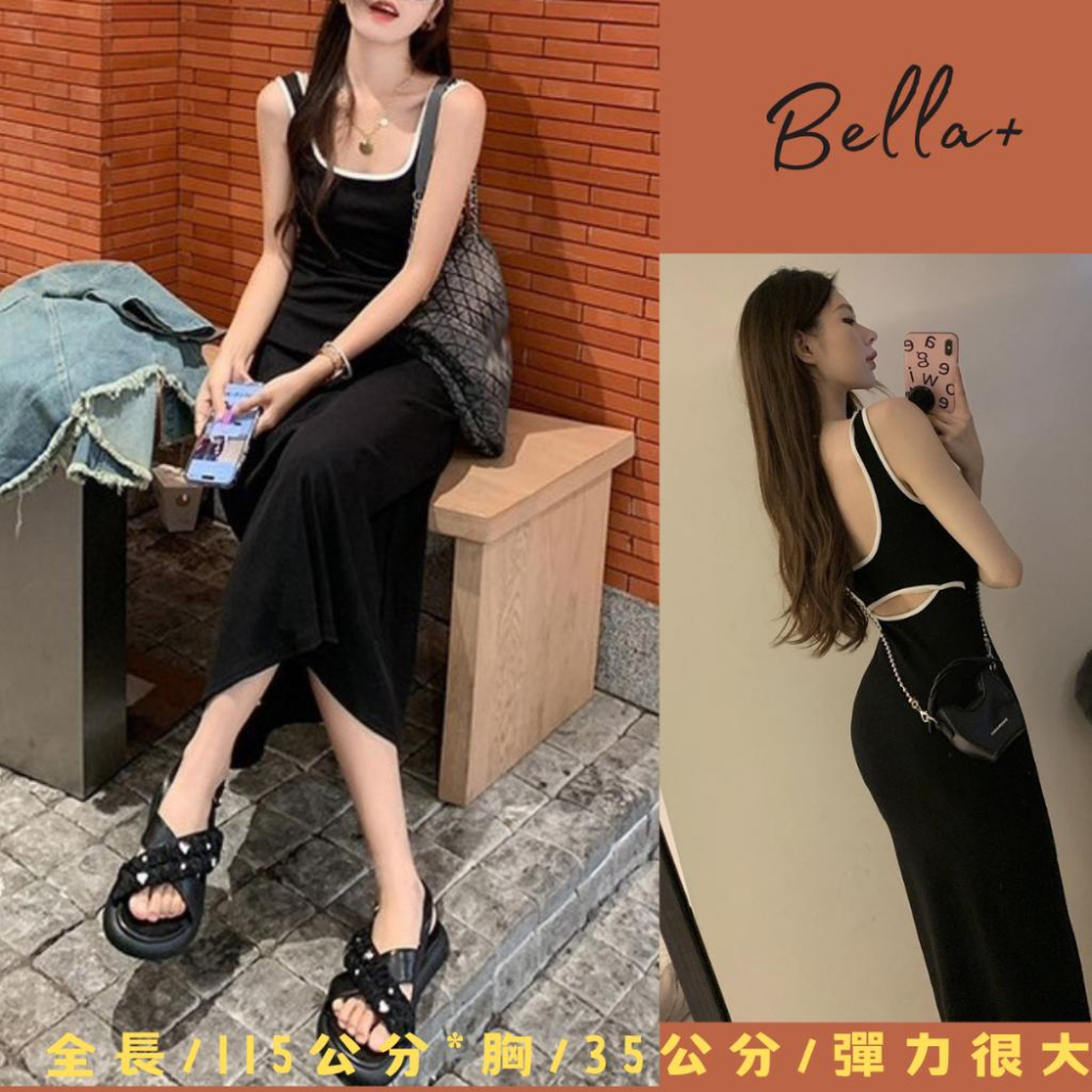 Bella+台灣現貨秒出🆕超彈力運動風露背腰簍空小性感女神度假洋裝長裙休閒修身背心裙連衣裙吊帶甜辣風顯高收腰設計感-細節圖3